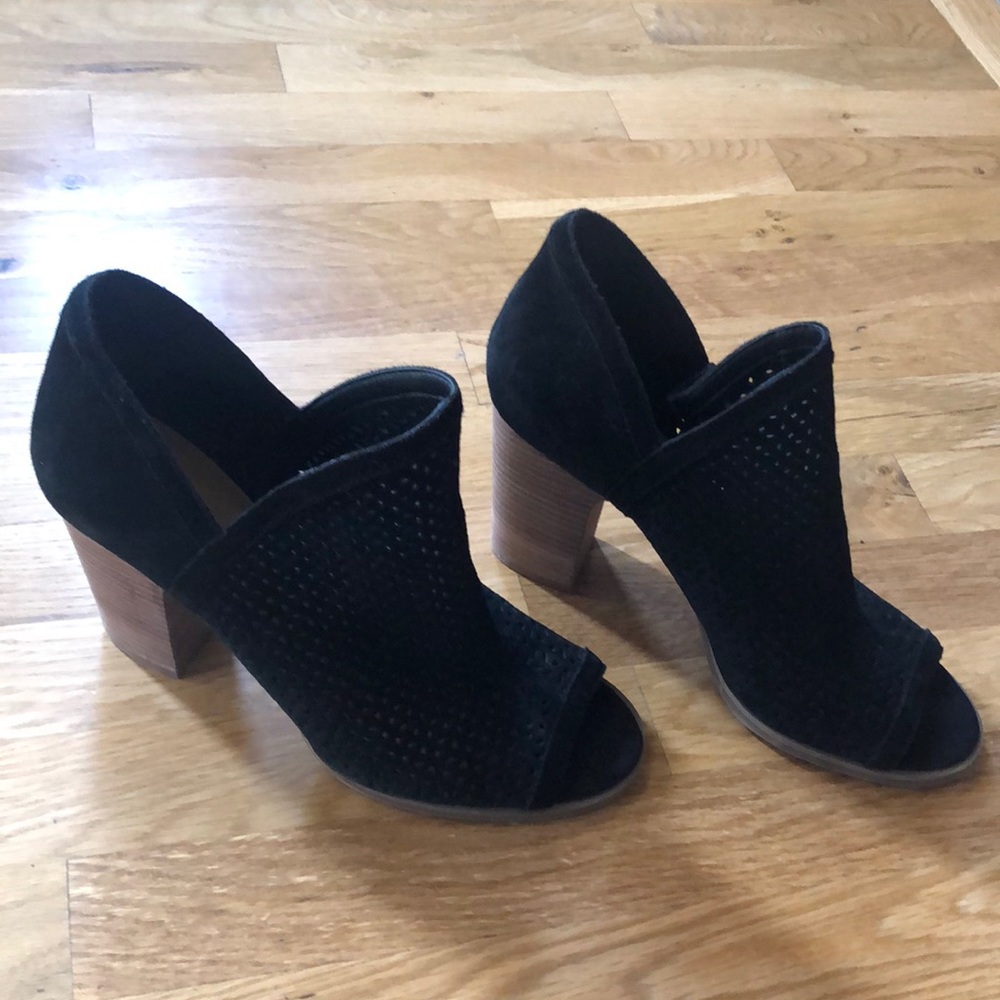 Lucky Brand.  Open toe stacked heel bootie!